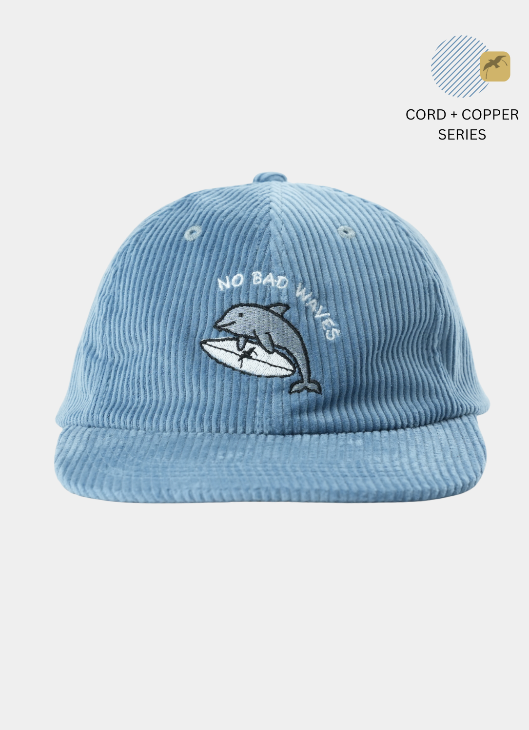 No bad waves dolphin corduroy hat in multiple sizes inculding small, regular, xl and xxl by bird & hill brand.