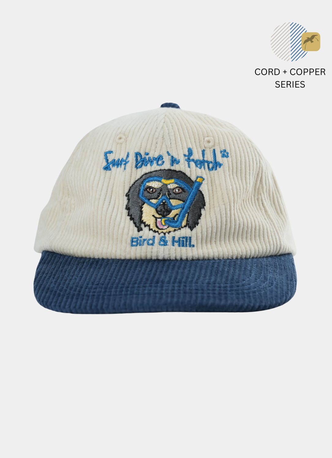 Surf Dive and Fetch cream and blue corduroy hat by bird & hill.
