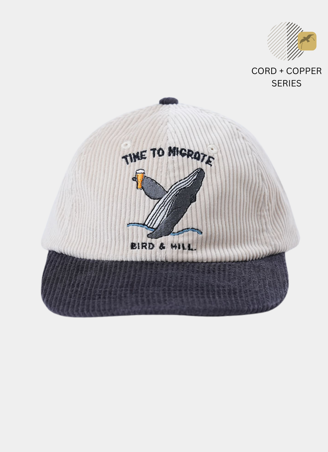 Time To Migrate Whale holding a beer, corduroy hat by Bird And Hill brand.