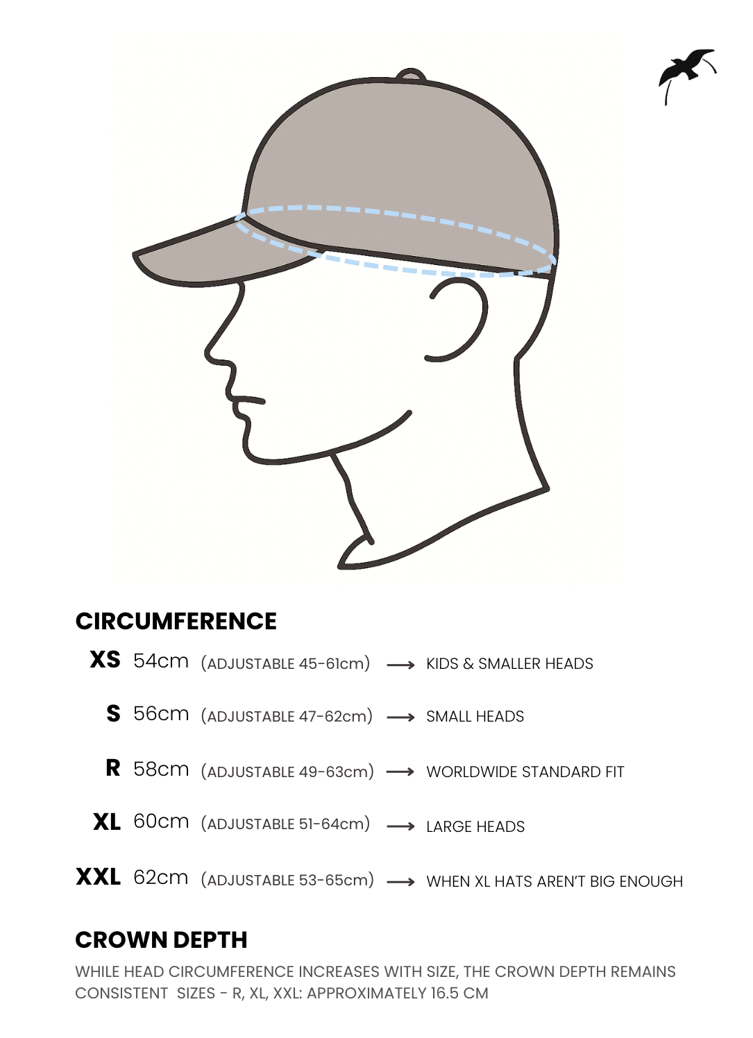 Bird & Hill hat size guide showing available sizes from XS to XXL.