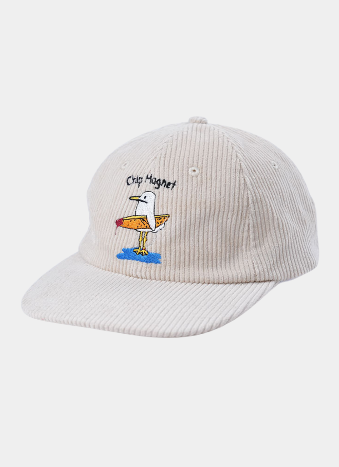Side view of the Bird & Hill Chip Magnet 6 panel corduroy hat featuring Chippy seagull artwork.