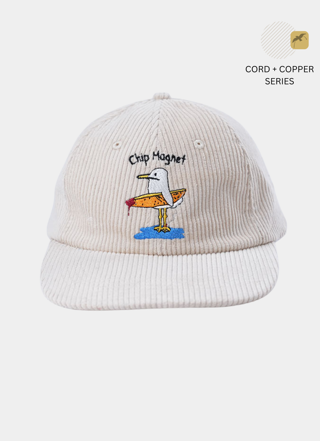 Original Chip Magnet Seagull Hat featuring Chippy the Bird & Hill seagull mascot riding a hot chip like a surfboard.