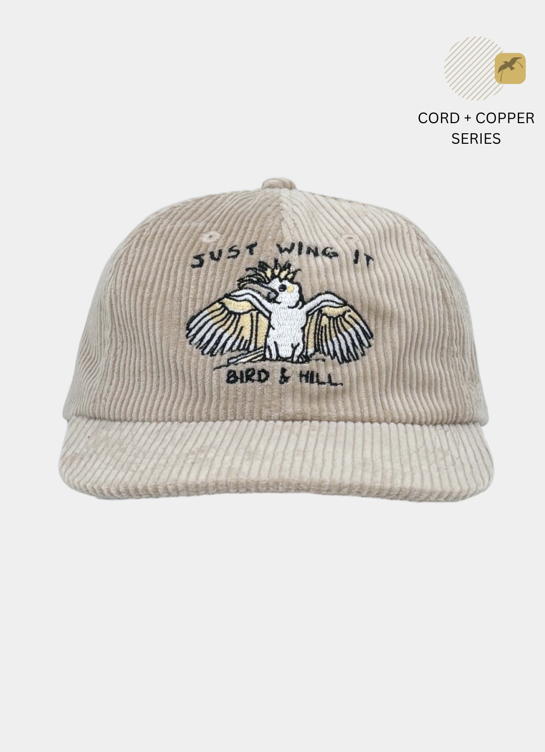 Just wing it cockatoo bird on corduroy hat by bird and hill brand