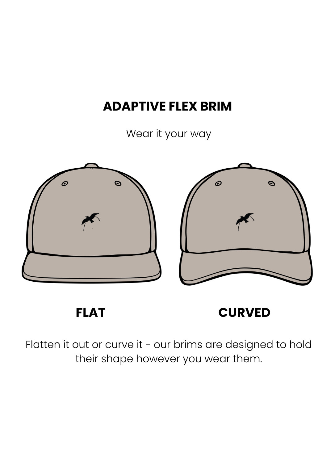 Bird & Hill 6 panel hat with flexible brim that can be worn flat or curved.
