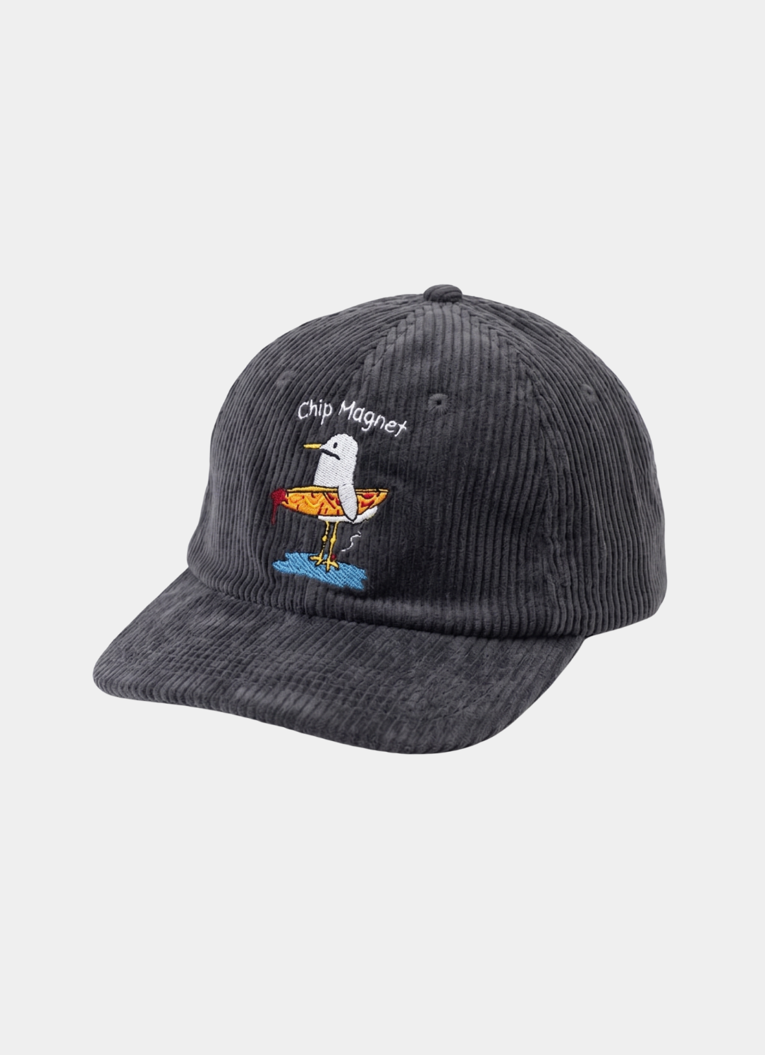 Side view of the Bird & Hill Chip Magnet Black Edition 6 panel corduroy hat featuring Chippy seagull artwork.