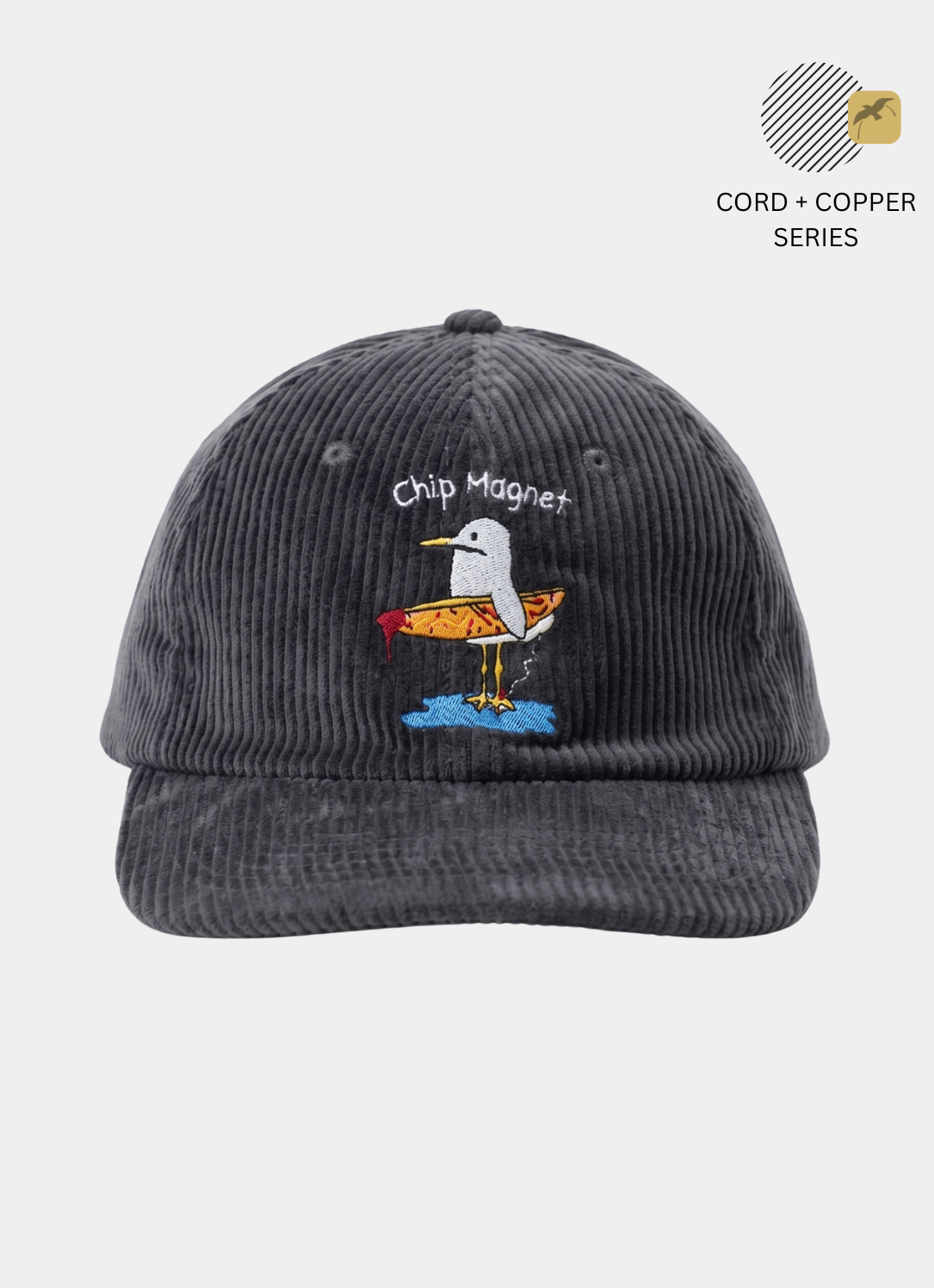 Original Chip Magnet Seagull Hat in black featuring Chippy the Bird & Hill seagull mascot riding a hot chip like a surfboard.