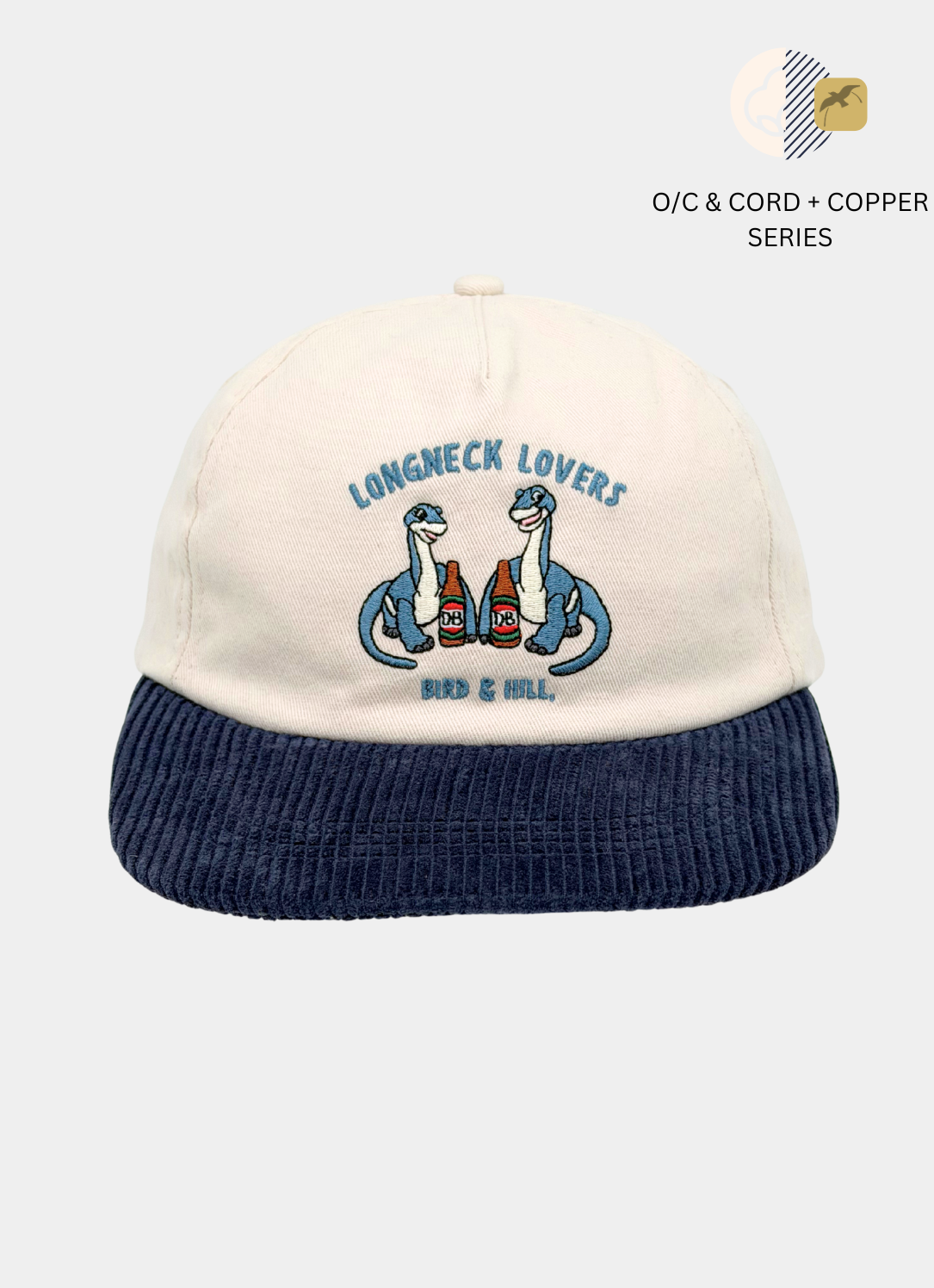 Longneck Lovers 5 Panel hat featuring dinosaur drinking a longneck beer artwork by Bird & Hill.